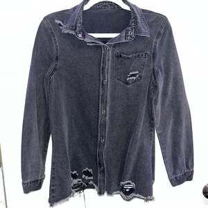 Distressed Raw Hem Denim Black Shirt Jacket